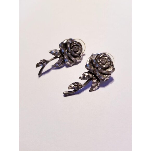 Pewter Roses Handmade Earrings Floral Post Drop Style SC407 - Picture 6 of 9